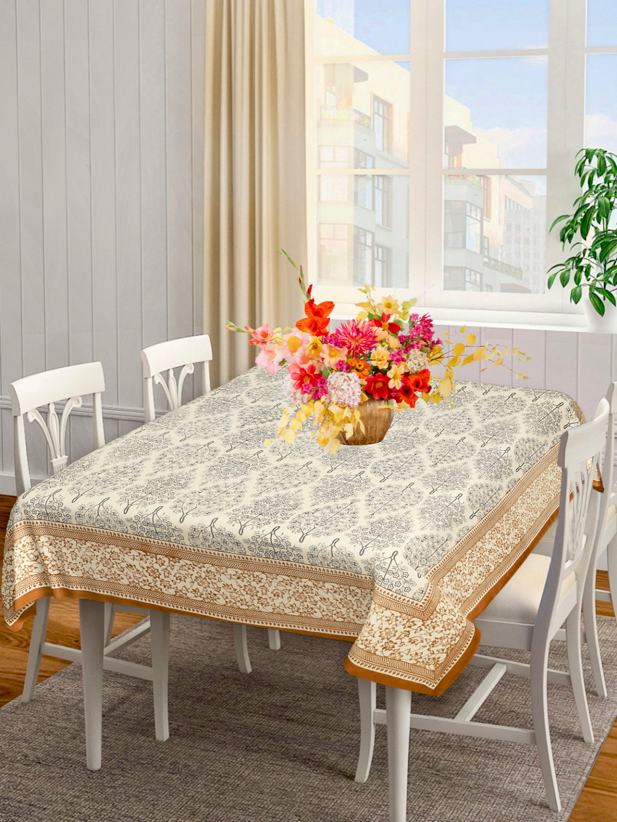 100% Cotton 6 Seater Dining Table Cover, Beige & Brown