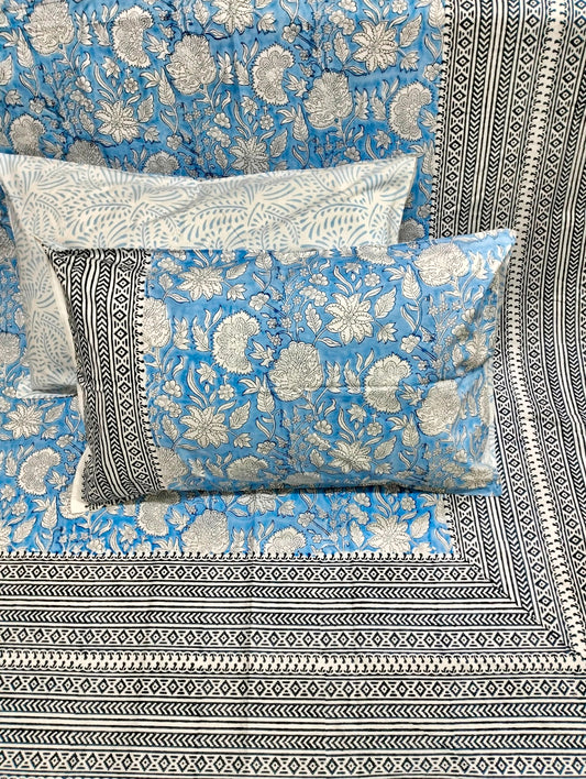 100% Pure Cotton Handblock 200 TC Percale King Size Bedsheet With Two Pillow Covers, Blue & Black