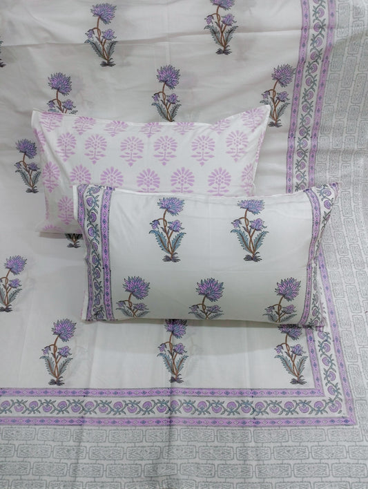 100% Pure Cotton Handblock 200 TC Percale King Size Bedsheet With Two Pillow Covers, Purple & White
