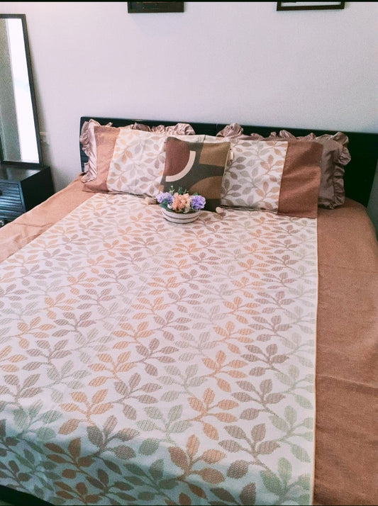 100% Cotton King Size Embroidered Bedcover with Two Pillow Covers, Peach & White