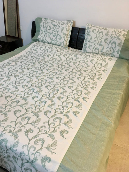 King Size Embroidered Cotton Bedcover with Two Pillow Covers, Mint Green