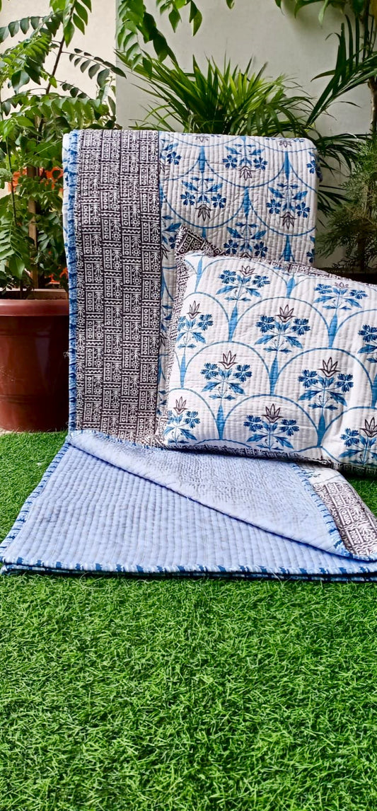 100% Cotton Quilted King Size Reversible Bedcover with Two Pillow Covers, Blue & Black