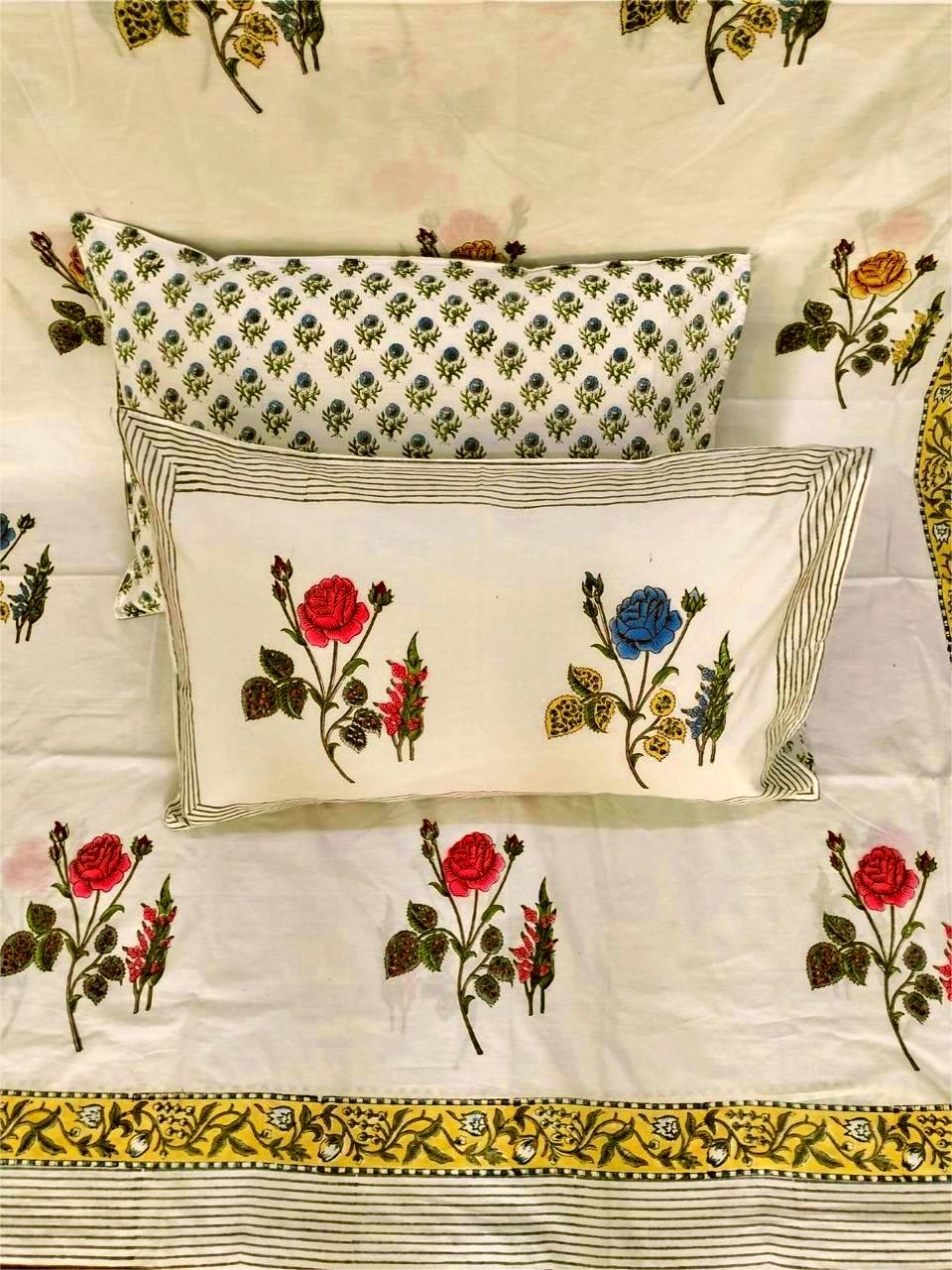 100% Pure Cotton Handblock 200 TC Percale King Size Bedsheet with Two Pillow Covers, Rose