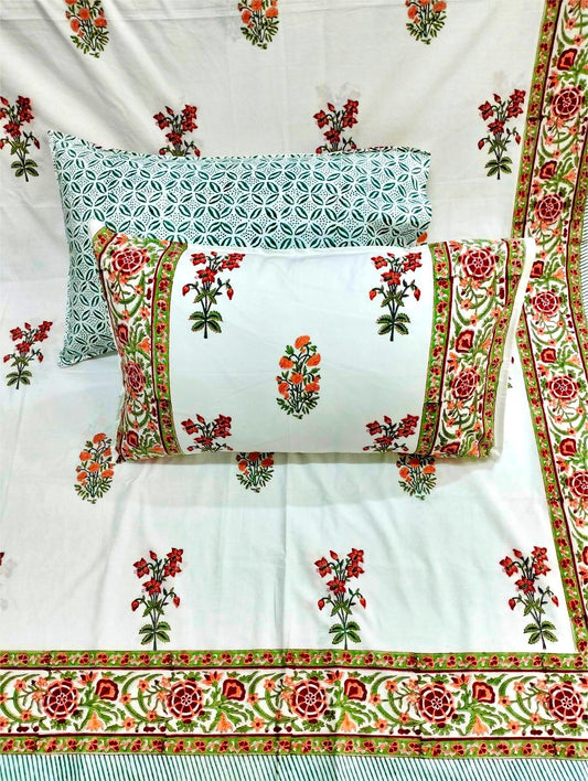 100% Pure Cotton Handblock 200 TC Percale King Size Bedsheet With Two Pillow Covers,  Floral Motifs & Border