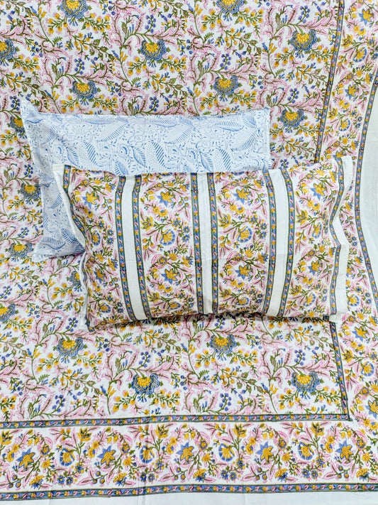100% Pure Cotton Handblock 200 TC Percale King Size Bedsheet With Two Pillow Covers, Pink & Blue
