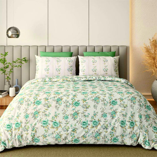 100% Cotton King Size Bedsheet With Two Pillow Covers, White & Green