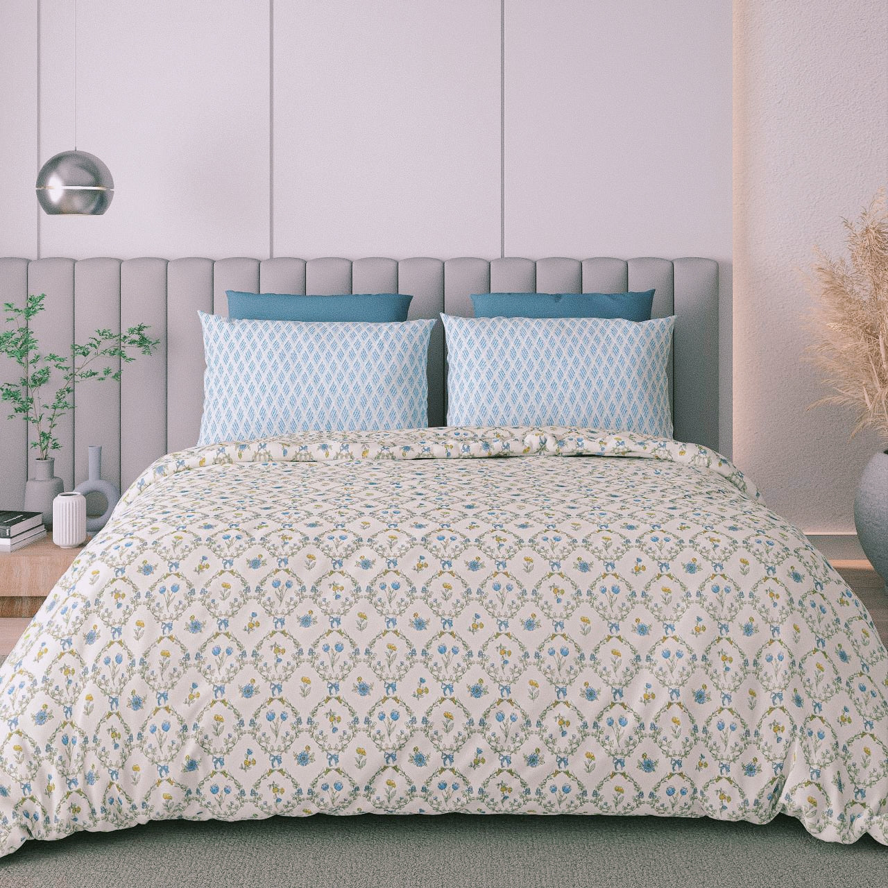 Soft Cotton King Size Bedsheet With Two Pillow Covers, Cream & Blue