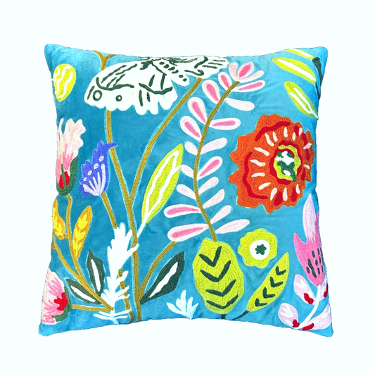 Velvet Embroidered Cushion Cover In 16 x 16 Inches, Ocean Blue