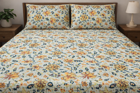 Pure Cotton King Size Bedsheet With Two Pillow Covers, Grey Orange