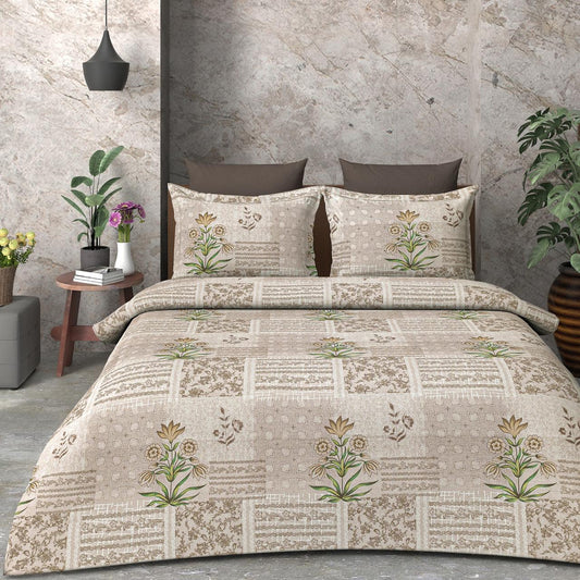 100% Cotton King Size Bedsheet With Two Pillow Covers, Brown Abstract