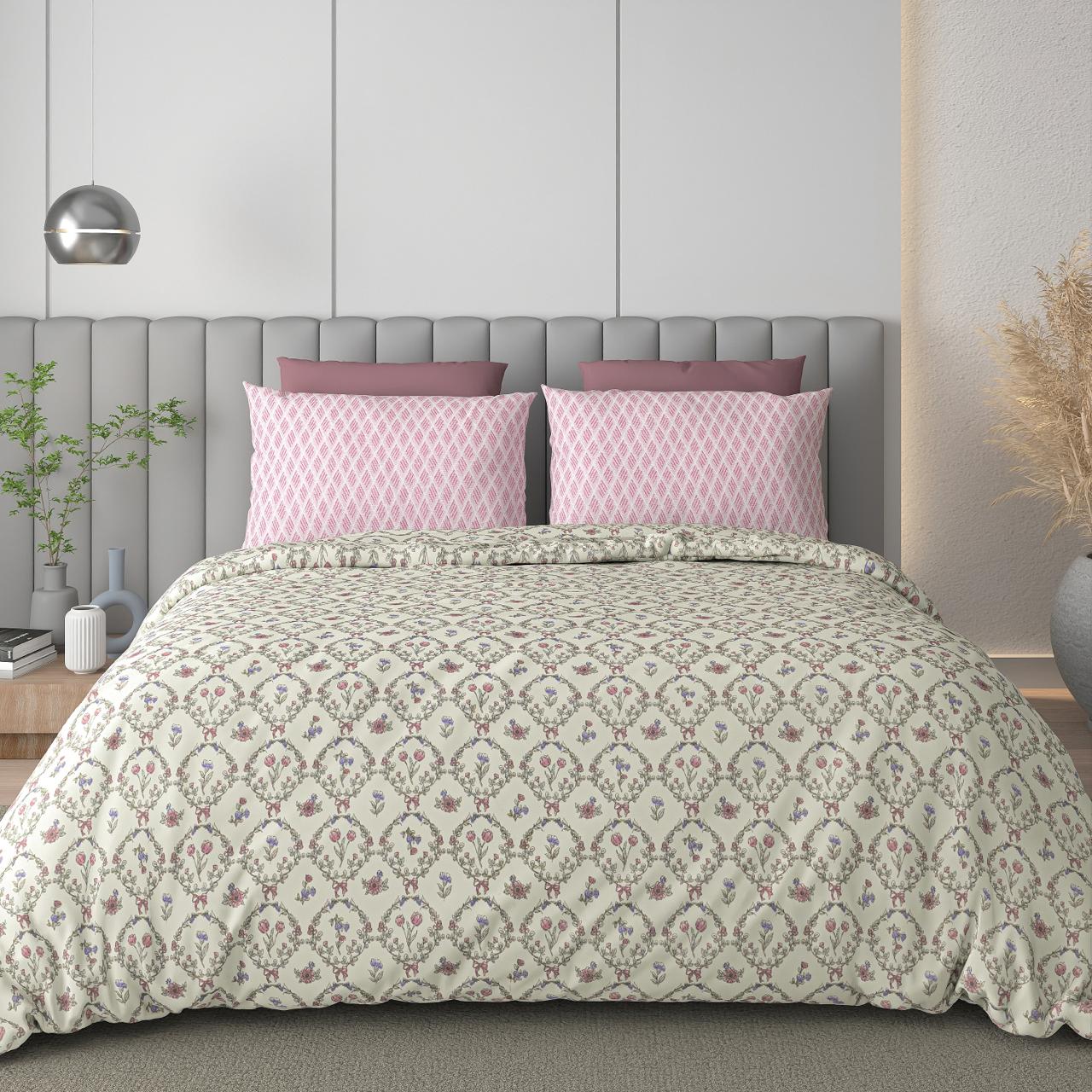 Soft Cotton King Size Bedsheet With Two Pillow Covers, Cream & Pink