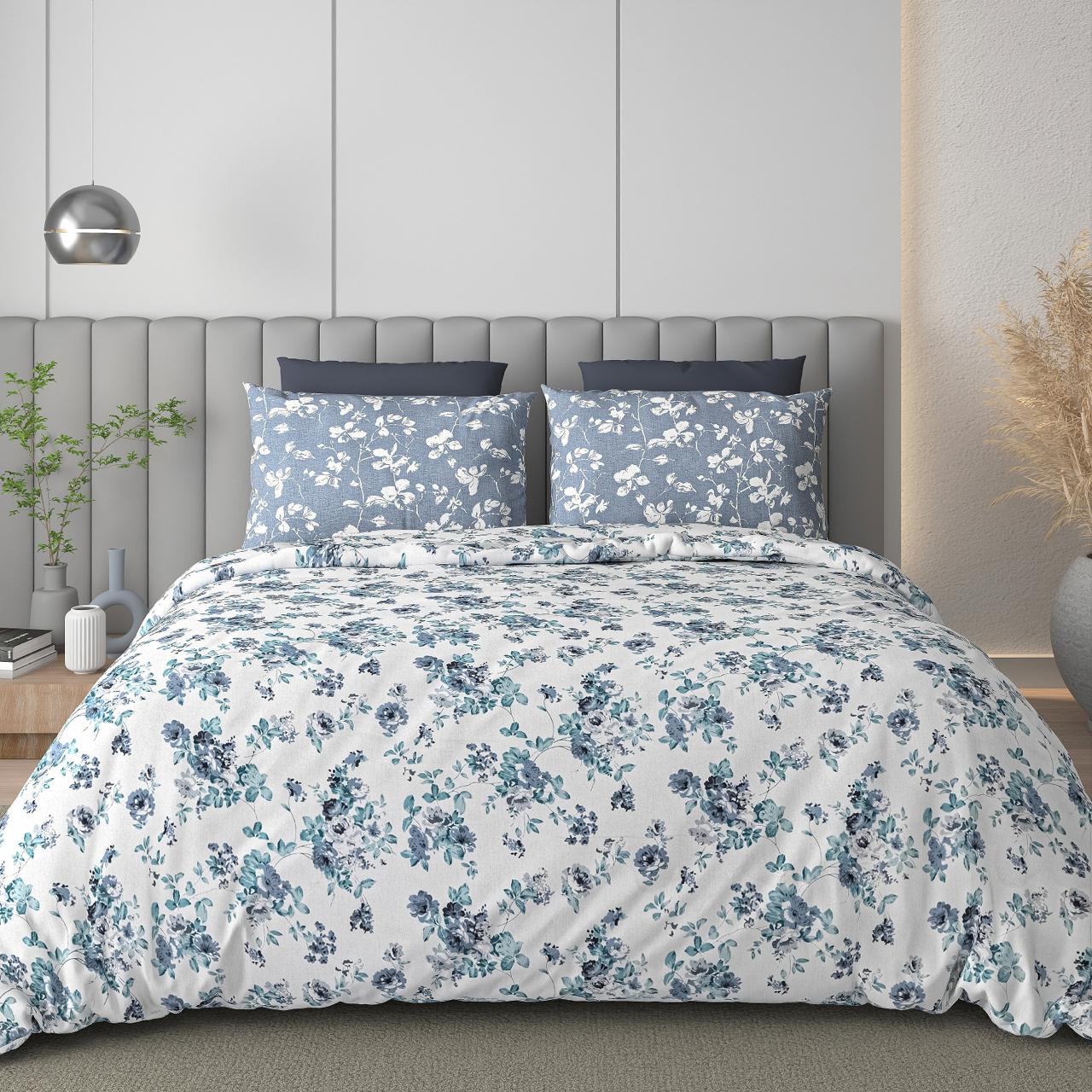 Soft Cotton King Size Bedsheet With Two Pillow Covers, Teal & Grey