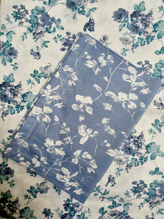 100% Cotton King Size Bedsheet With Two Pillow Covers, Teal & Grey