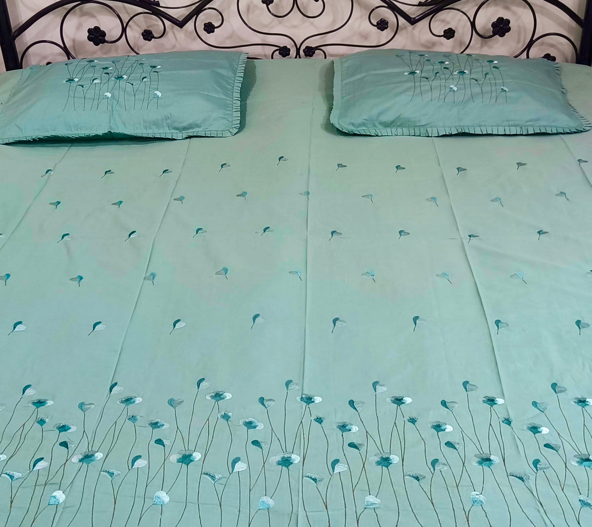 100% Cotton King Size Embroidered Bedsheet with Two Ruffled Pillow Covers, Mint Green