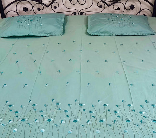 100% Cotton King Size Embroidered Bedsheet with Two Ruffled Pillow Covers, Mint Green