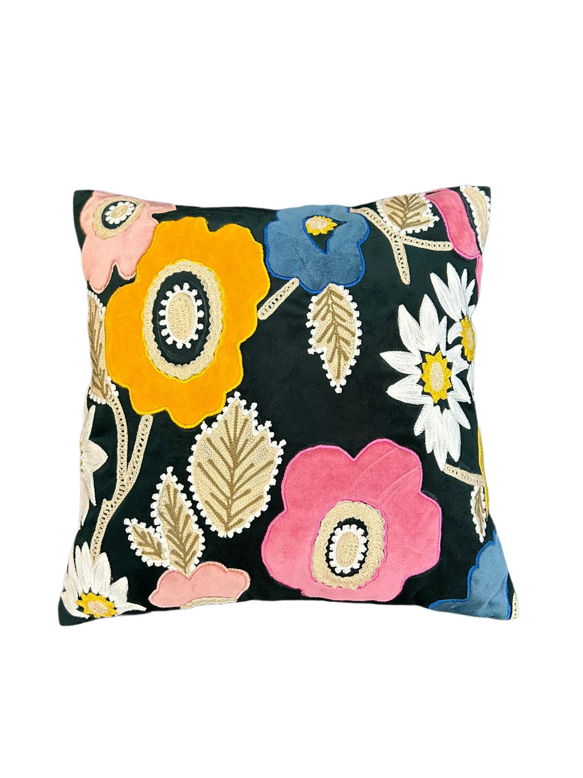 Floral Burst Embroidered Cushion Cover in 16 × 16 inches, Dark Green