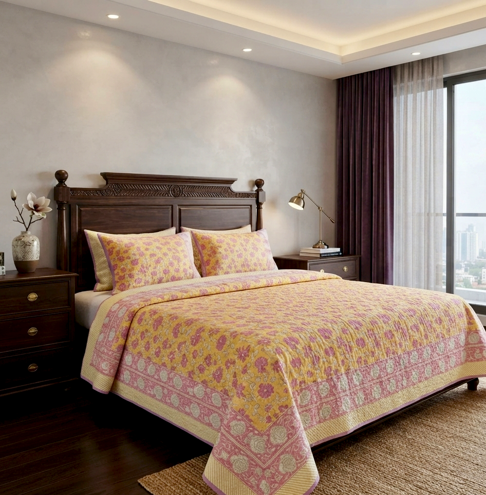 100% Premium Mulmul Cotton Reversible King Size Bedspread cum AC Quilt, Canary Yellow