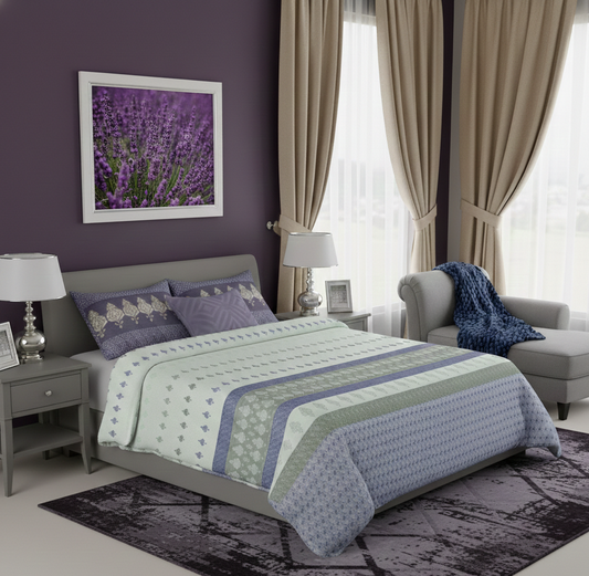 Mix & Match Premium Cotton King Size Bedsheet With Two Pillow Covers, Purple & Off White