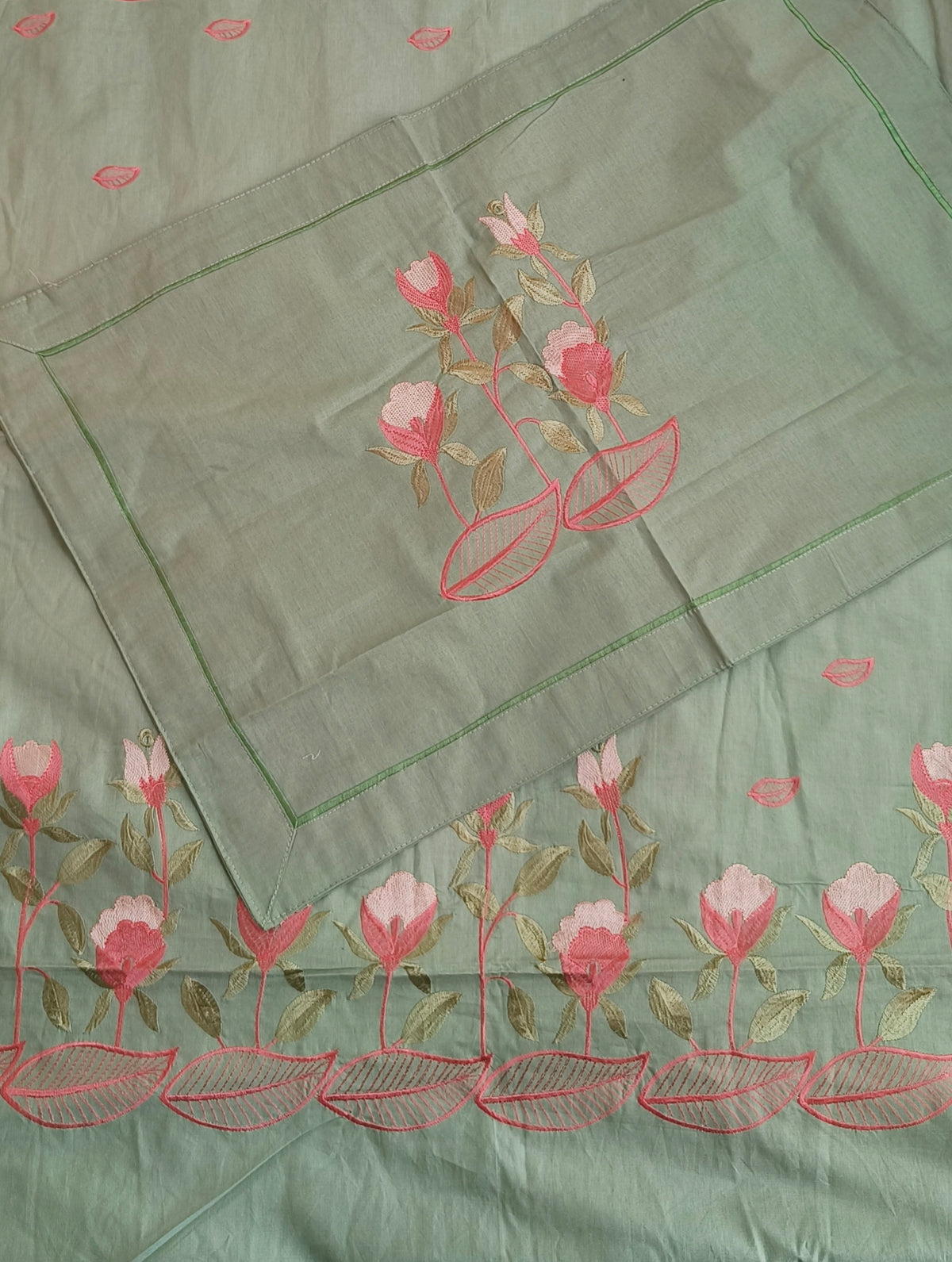 Pure Cotton King Size Embroidered Bedsheet with Two Pillow Covers, Sage Green & Pink