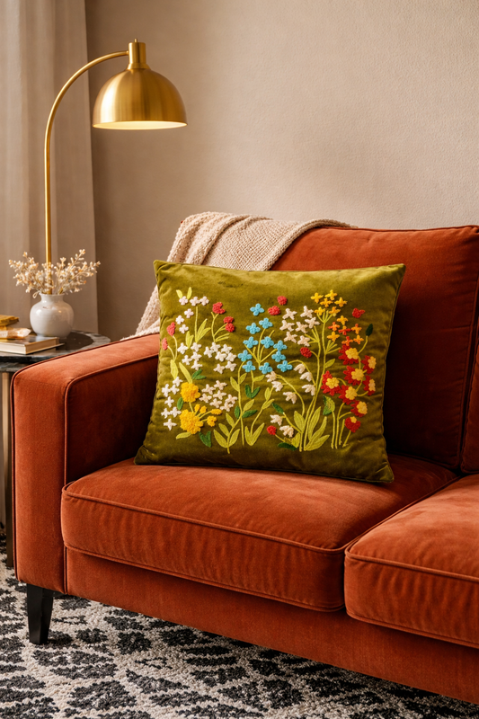 Garden Of Eden Velvet Cushion Cover In 16 × 16 Inches, Olive Multi