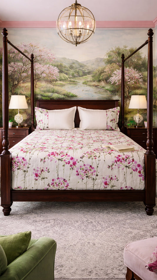 100% Pure Canvas Cotton King Size Bedcover with Two Pillow Covers, Pink Floral