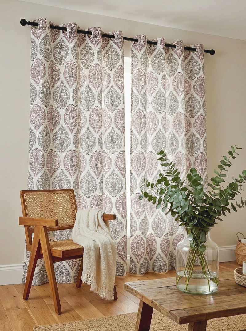 Pure Cotton Curtains 7ft - Pair of 2, Paisley