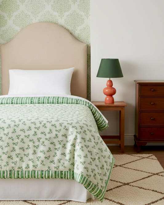 100% Cotton Reversible Dohar (Pair), White & Green