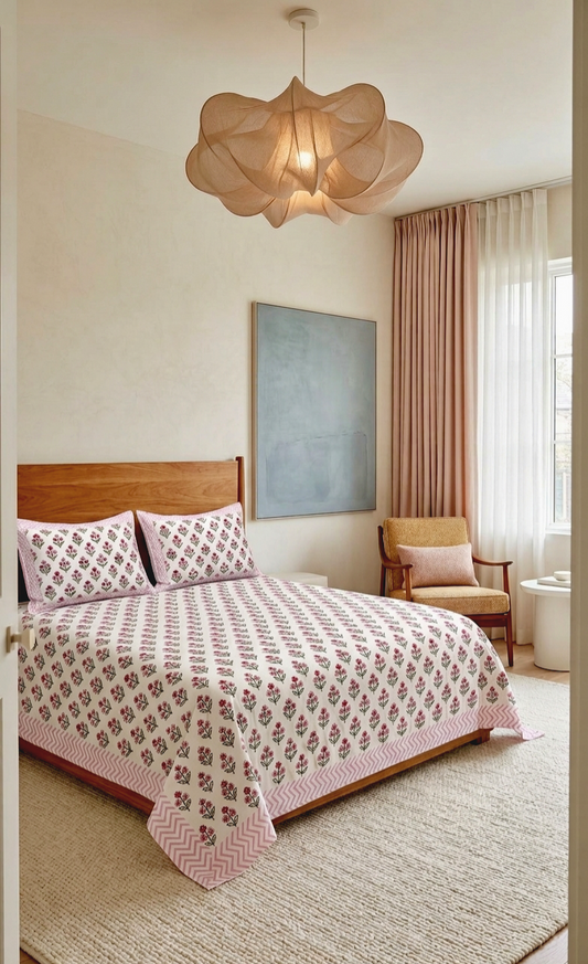 100% Pure Cotton Handblock 200 TC Percale King Size Bedsheet with Two Pillow Covers, Pink & White