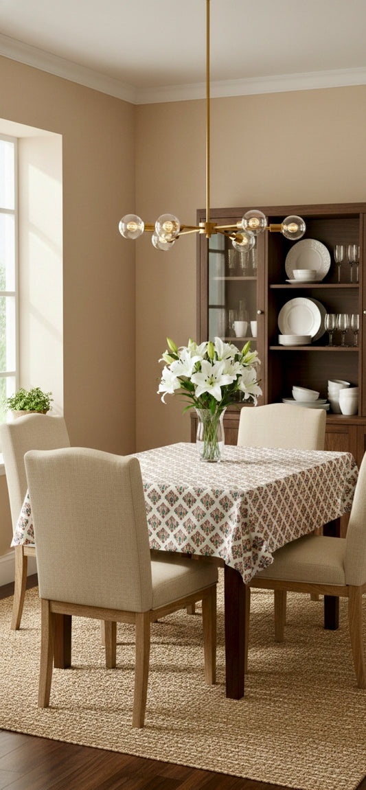 Thick Cotton 4-6 Seater Dining Table Cover, Red Ikat