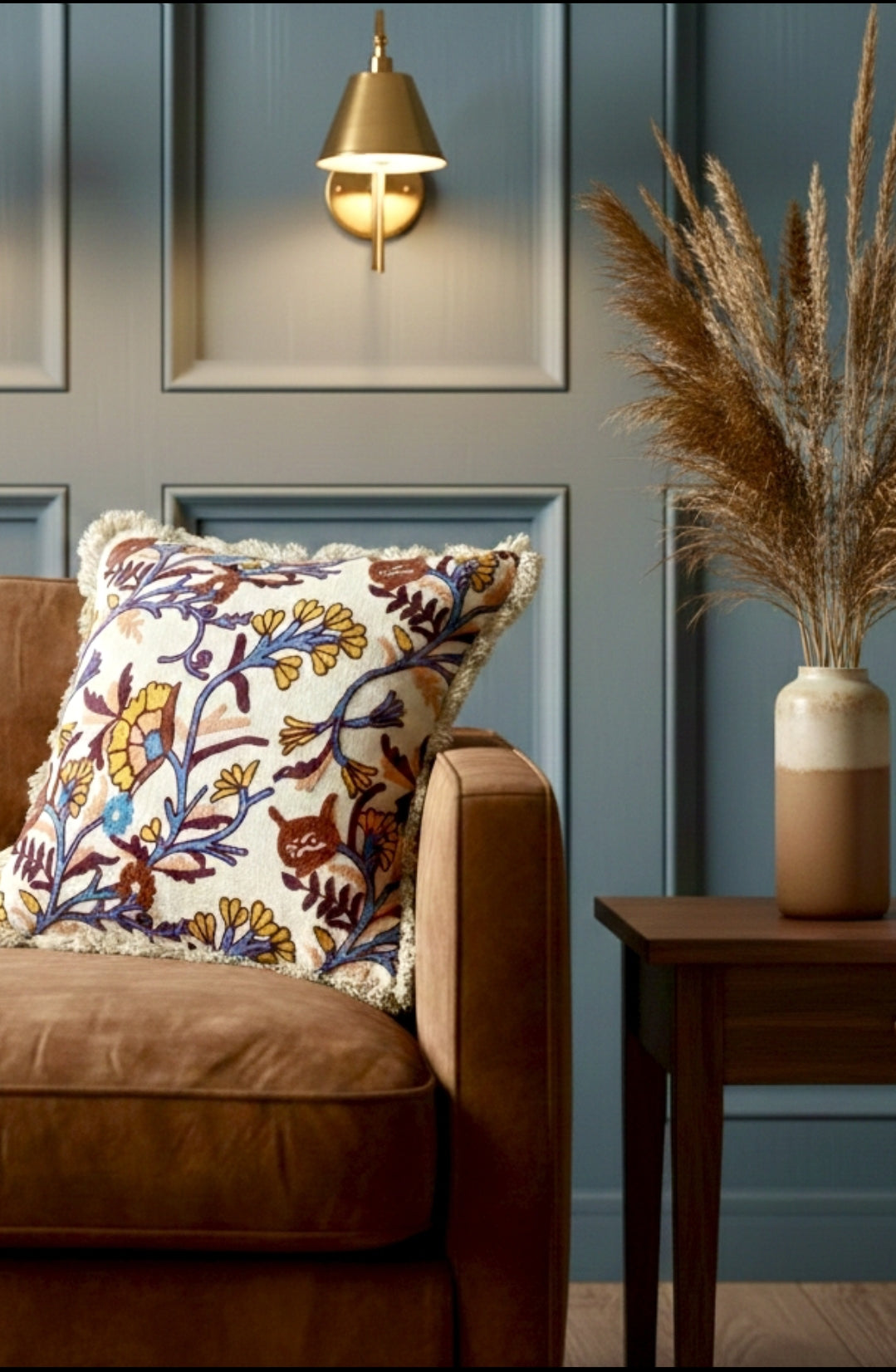 Embroidered Fringed Cushion Cover in 16 x 16 Inches, Botanical