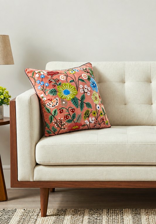 Enchanted Forest Embroidered Velvet 16 × 16 inches Cushion Cover, Coral Pink