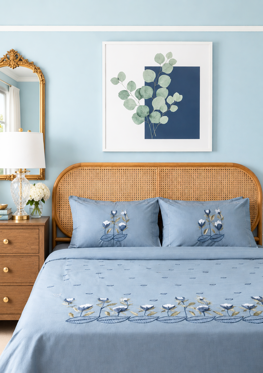 Pure Cotton King Size Embroidered Bedsheet with Two Pillow Covers, Periwinkle Blue