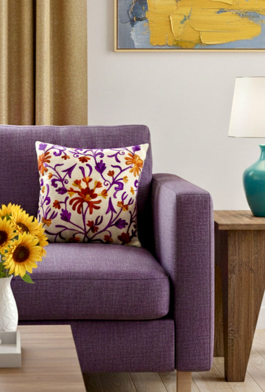Embroidered Cushion Cover In 16 x 16 Inches, Purple & Yellow