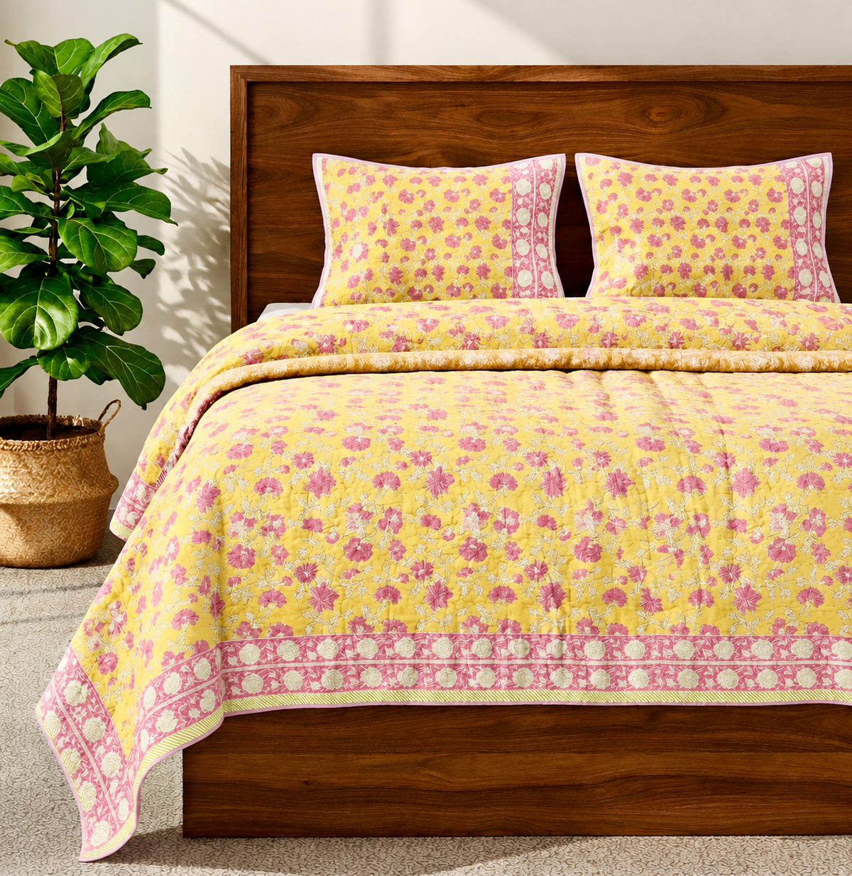 100% Premium Mulmul Cotton Reversible King Size Bedspread cum AC Quilt, Canary Yellow
