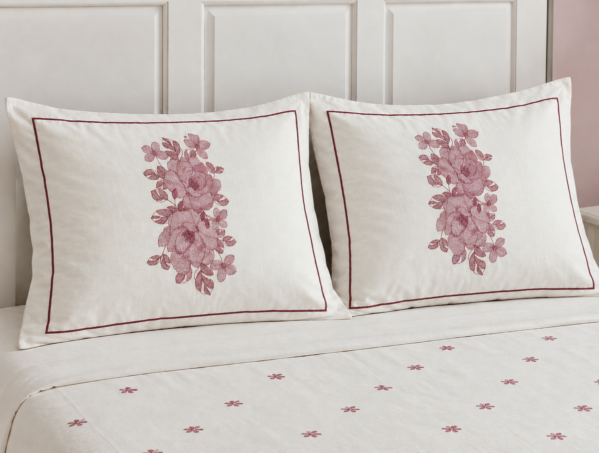 Pure Cotton King Size Embroidered Bedsheet with Two Pillow Covers, White & Mauve Pink