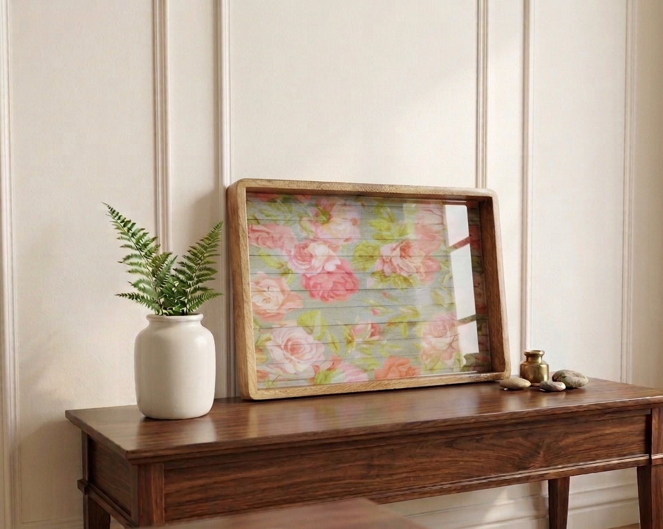 Handcrafted Wooden Trays for Serving & Decor, Cottage Garden
