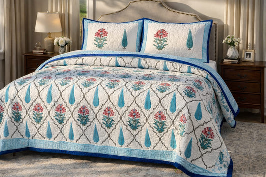 100% Premium Reversible Mulmul Cotton King Size Bedspread cum AC Quilt, Blue & White