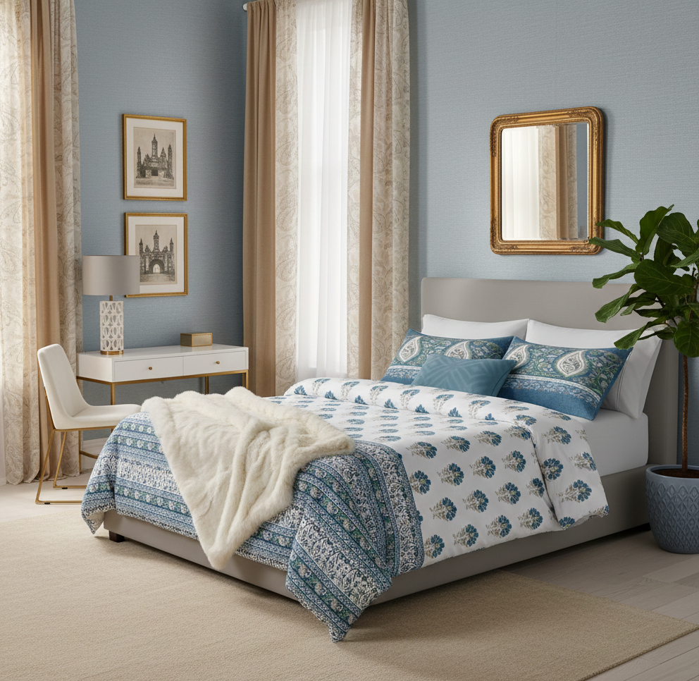 Mix & Match Premium Cotton King Size Bedsheet with Two Pillow Covers,Teal & Off White