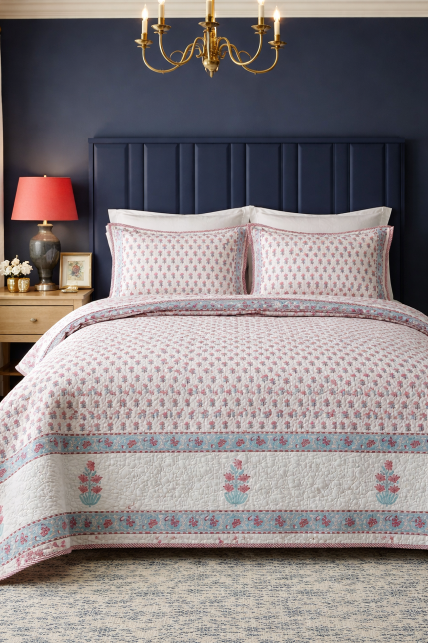 100% Premium Mulmul Reversible King Size Bedspread cum AC Quilt, Blue Coral