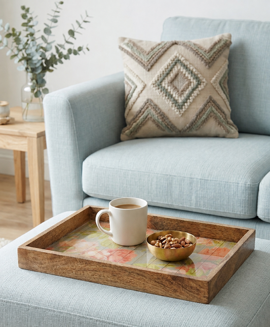 Handcrafted Wooden Trays for Serving & Decor, Cottage Garden