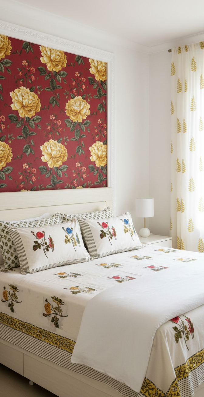 100% Pure Cotton Handblock 200 TC Percale King Size Bedsheet with Two Pillow Covers, Rose