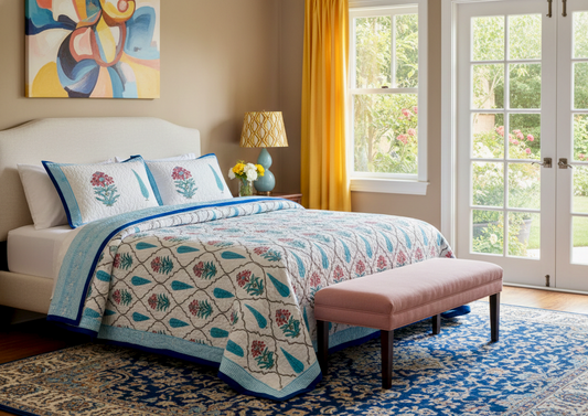 100% Premium Reversible Mulmul Cotton King Size Bedspread cum AC Quilt, Blue & White