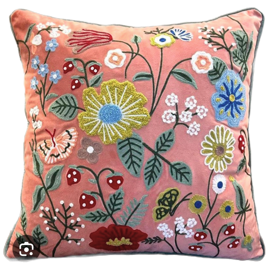 Enchanted Forest Embroidered Velvet 16 × 16 inches Cushion Cover, Coral Pink