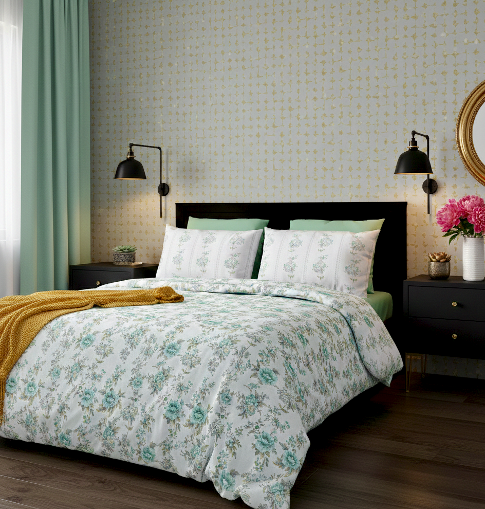 Soft Cotton King Size Bedsheet with Two Pillow Covers, Sea Green Rose