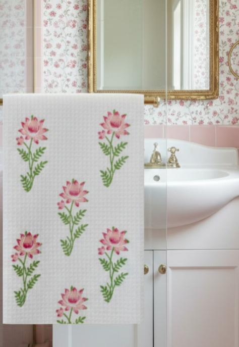 Pure Cotton Hand Block Waffle 30 x 60 Inches Bath Towel, Pink & Peach