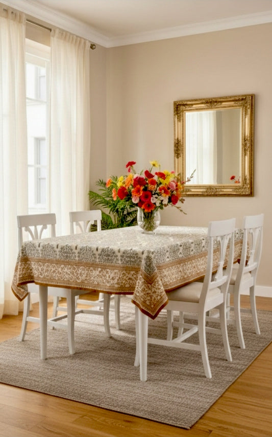 100% Cotton 6 Seater Dining Table Cover, Beige & Brown