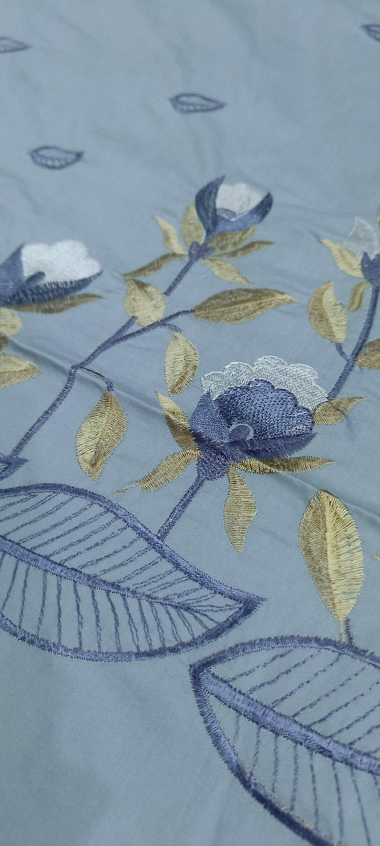 Pure Cotton King Size Embroidered Bedsheet with Two Pillow Covers, Periwinkle Blue