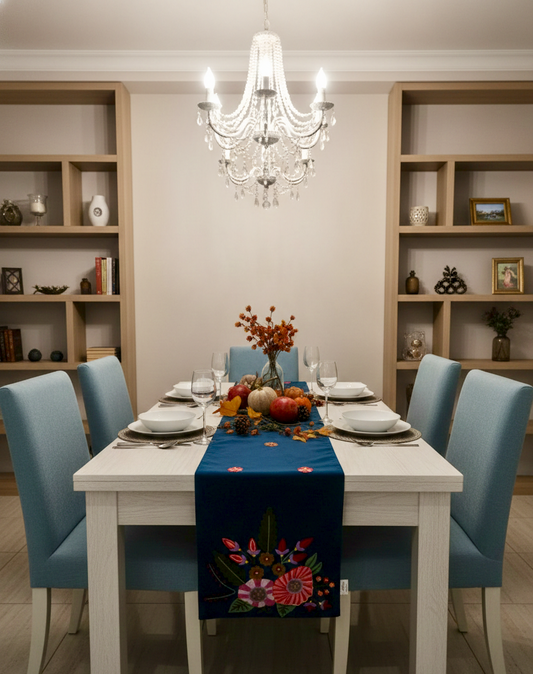 Embroidered Velvet Table Runner, Dark Teal