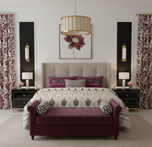 Mix & Match Premium Cotton King Size Bedsheet With Two Pillow Covers, Maroon & Cream