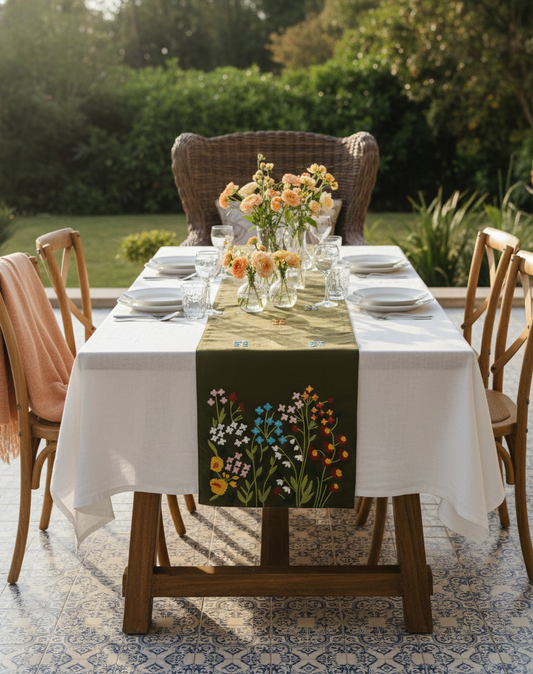 Embroidered Velvet Table Runner, Olive